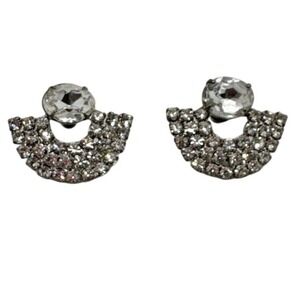 Vintage Rhinestone Silver Tone Semi Circle Stud Dangle Pierced‎ Earrings Retro